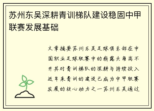 苏州东吴深耕青训梯队建设稳固中甲联赛发展基础